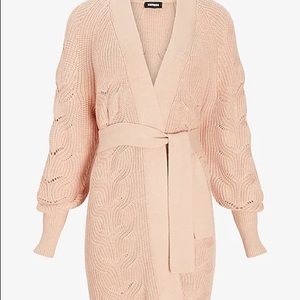 Express Pointelle Belted Cardigan in a Creamy Peach Shade — XL